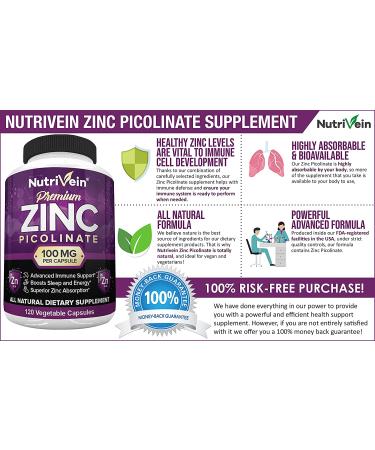 Nutrivein Premium Zinc Picolinate 100mg - Immunity Defense & Cellular Regeneration - 120 Capsules - Buy Online on GoSupps.com