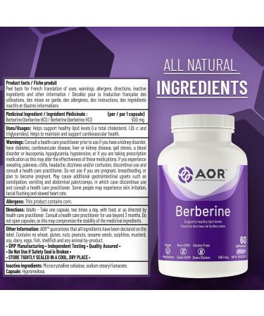 AOR - Berberine 500mg 60 Caps - Berberine Supplement for Healthy Lipid Levels and Cholesterol Health - LDL Cholesterol Lowering Supplement - Lower Triglycerides Supplement - Cardiovascular Supplement - Buy Online on GoSupps.com