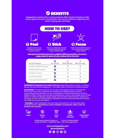 Nectar Focus Patches | Natural Cognitive Support with Ginkgo Biloba, Bacopa & Magnesium for Memory Mental Clarity Neuro Patches for Work, Study Clean Plant-Based Nootropic Alternative | 30 Count - Buy Online on GoSupps.com