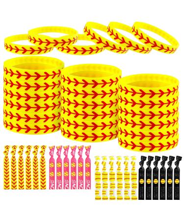 48 Pieces Softball Bracelet Wristband Silicone Bracelet with Baseball Hair Ties, Elastic Ribbon Hair Ribbon Hair for Girls Softball Baseball Players Teams (Mixed Colors) Mixed Colors,Multi Color