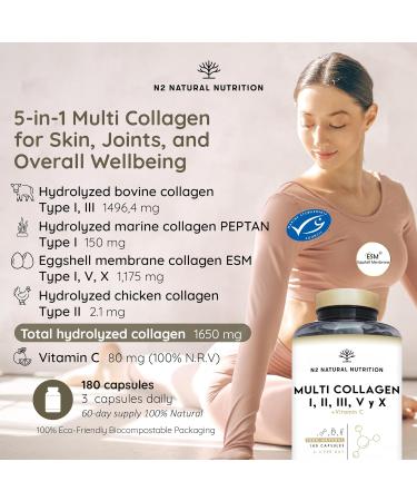 Multi Collagen 1650mg Type I II III V X. Bovine Marine Collagen Peptides 180 Capsules Enhanced with Vitamin C for Joint Care Skincare & Hair High Strength Collagen N2 Natural Nutrition - Buy Online on GoSupps.com