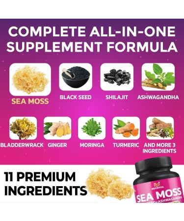 BMVINVOL Sea Moss Black Seed Shilajit Ashwagandha + Bladderwrack Ginger Moringa Turmeric Burdock Ginseng Rhodiola Rosea - 100 Capsules - Buy Online on GoSupps.com