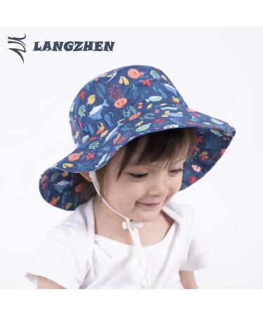 LANGZHEN Baby Girls Beach Sun Hat with Chin Strap | Wide Brim Toddler Kids Play Hat | Undersea World Navy | 1-2 Years - Buy Online on GoSupps.com