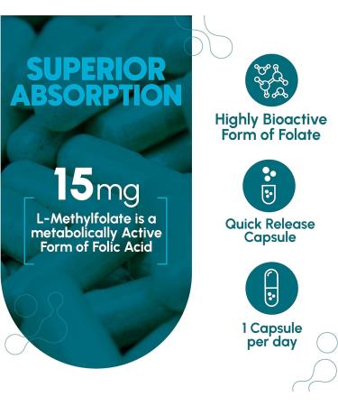 L-Methylfolate 15mg (120 Vegan Capsules) - High Absorption & Potency | Folic Acid Deficiency Support | Non-GMO & Gluten Free - Buy Online on GoSupps.com