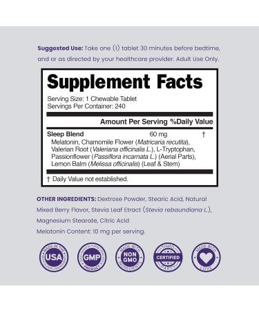 Melatonin 60mg Complex Tablets for Adults (240 Count) - Fast Dissolve Tablets - Extra Strength Support - Gluten-Free Non-GMO 100% Vegetarian & Great Tasting - Mixed Berry Flavor - 240 Tablets 240 Count (Pack of 1) - Buy Online on GoSupps.com