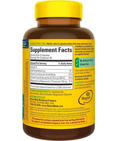 Nature Made Magnesium L-Threonate with Vitamin C & D3 | Cognitive Support Supplement | 90 Capsules - Buy Online on GoSupps.com