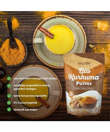 Buy Organic Turmeric Powder 1kg by Monte Nativo | 3% Curcumin | Dietary Supplement for Golden Milk | Authentic Curcuma from India | Ayurveda Bio Kurkuma | International Shipping - Buy Online on GoSupps.com