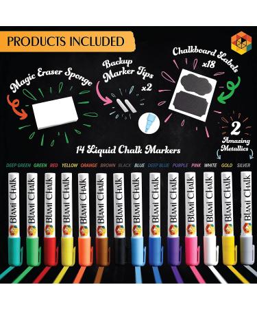 Blami Arts Washable Liquid Chalk Markers - 14 Ink Pens with Gold & Silver - Non-Toxic, Reversible Tips, Erasing Sponge - Includes Chalkboard Labels - Multi-Colors Set - Buy Online on GoSupps.com