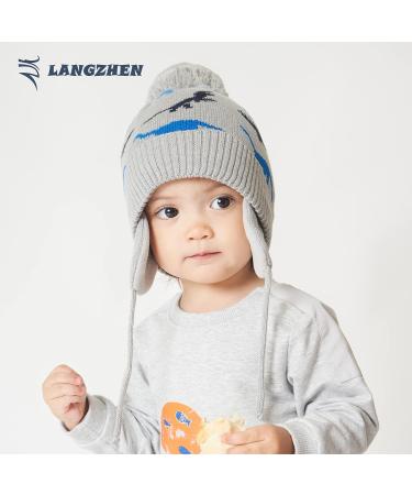 LANGZHEN Toddler Winter Hat - Fleece Lined Knit Cap for Baby Boys Girls 6-12 Months - Grey-Blue Dinosaur Design - Buy Online on GoSupps.com