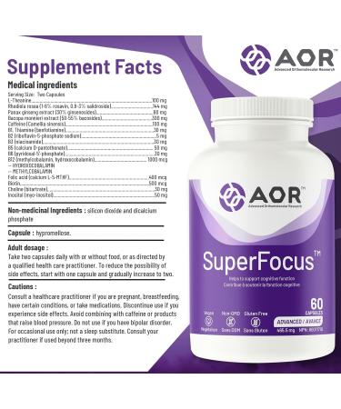 AOR SuperFocus Brain Support Supplement 60 Caps - Enhances Cognitive Performance & Memory Features Ginseng Rhodiola Rosea Bacopa Methyl B12  - Buy Online on GoSupps.com
