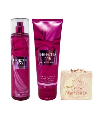 Bath & Body Works Perfect In Pink Fragrance Mist and Body Cream Set with a Himalayan Salts Springs Bar Soap - Full Size