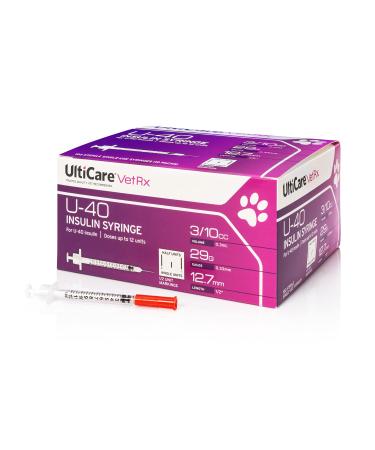 UltiCare VetRx U-40 Pet Insulin Syringes, Comfortable and Accurate Dosing of Insulin for Pets, Compatible with Any U-40 Strength Insulin, Size: 3/10cc, 29G x , with Half Unit Markings, 100 ct Box