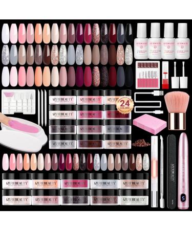 AZUREBEAUTY Dip Powder Nail Kit with Electric Nail Drill 24 Colors Nude Pink Glitter Nail Powder Starter Kit with Dip Liquids Base Top Coat Activator Portable Manicure French Nail Art Essential Set