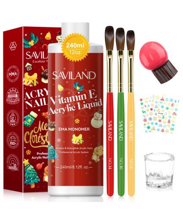 Saviland Acrylic Liquid - 240ml EMA Monomer For Acrylic Nails 3PCS Acrylic Nail Brushes (6# 10# 14#) With Christmas Nail Stickers For Acrylic Nails Starter Kit Acrylic Liquid Monomer Gift for Women 240ml Vitamin E-infused