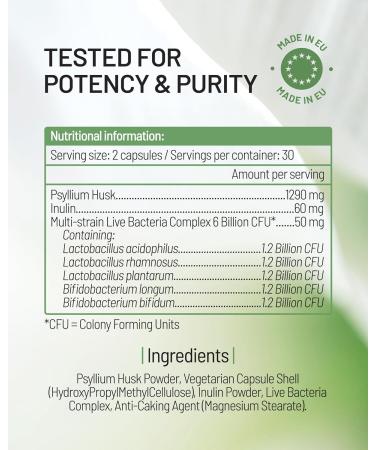 Psyllium Husks Capsules with Probiotics - High Fibre Supplement 1400mg - Soluble Fiber Tablets High Strength - 60 Capsules - Pure Psyllium Husk & 6B Acidophilus Probiotic Complex for Digestive Support - Buy Online on GoSupps.com