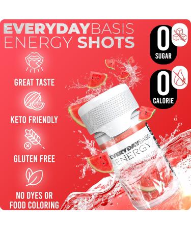 Everyday Basis Energy Shots - Natural B12 Vitamin Energy Shot Bottles with Amino Acids - Made with Monk Fruit Sugar Free and Zero Calories - Includes Four (4) 2oz Watermelon Caffeine Shots - Buy Online on GoSupps.com
