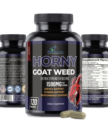 Horny Goat Weed Extra Strength -120 Capsules w. Maca, L-Arginine, Ginseng - Boost Desire, Performance, Stamina, Energy, Non-GMO Formula, 120 Capsules