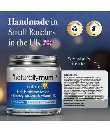 NaturallyMum Kids Magnesium Bedtime Lotion with Vitamin D | Support for Sleep Heart Bone Nerve Gut and Muscle Health | Alternative to Melatonin | Lavender & Chamomile 4.2 fl oz Lavender & Chamomile 4.2 Fl Oz (Pack of 1) - Buy Online on GoSupps.com