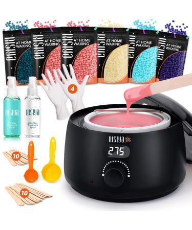 Risiya Waxing Kit Wax Warmer- 6 Packs Hard Wax Beans Sensitive Skin Hair Removal for Women and Men Digital Display at Home Wax Kit for Whole Body Bikini Underarm Chest Legs Face Eyebrow