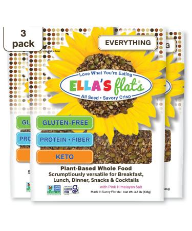 ELLAS FLATS All Seed Savory Crisps  Gluten Free, Sugar Free, High Fiber Chip, Low Carb Snack, Keto Cracker, Vegan, Paleo, Diet Friendly (Everything, 3 Pack) EVERYTHING 4.8 Ounce (Pack of 3)