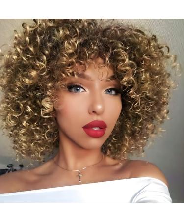 AISI QUEENS Afro Wigs For Black Women Short Kinky Curly Full Wigs Brown Mixed Blonde Synthetic Heat Resistant Wigs For African Women With Wig Cap