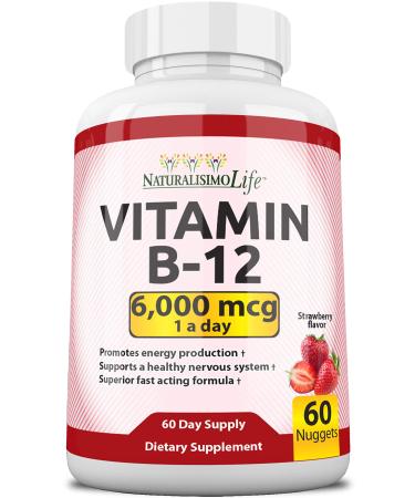 NaturalisimoLife Vitamin B12 6 000 mcg Maximum Strength Fast Acting Formula Strawberry Flavor Nuggets Promotes Energy Production Supports The Nervous System 60 Nuggets Once a Day