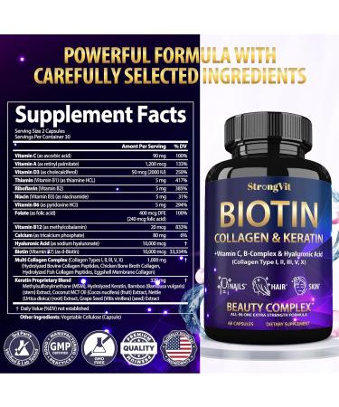 Biotin with Hyaluronic Acid, Keratin, and Collagen Supplements - Hair Growth Vitamins for Women, Healthy Nails and Skin, B1, B2, B3, B6, B7 Complex, USA 60 Count (Pack of 1) - Buy Online on GoSupps.com