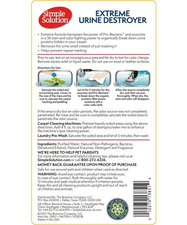 Simple Solution Urine Destroyer Enzymatic Cleaner 32 oz - Pet Stain & Odor Remover | 2X Pro-Bacteria Power | Easy Pour Bottle - Buy Online on GoSupps.com