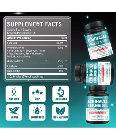 CIVIMUNA Echinacea Extract Capsules with Echinacea Goldenseal Root Elderberry and More - 120 Capsules for 4 Months Supply - Buy Online on GoSupps.com