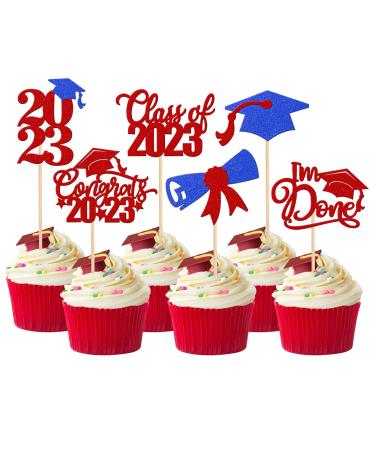 Pack of 24 2023 Graduation Cake Decorations Glitter Class of 2023 Graduation Cupcake Toppers Diploma Grad Cap Done Congrats Graduation Cake Decoration 2023 Graduation Theme Party Cake Decorations Blue New Red New