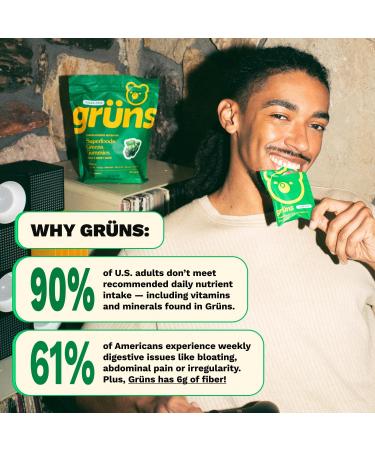 Gruns Adults Super Greens Gummies, Multivitamin Superfood Gummy Bears, Spirulina, Chlorella, Prebiotics & Fiber Gummies for Digestive Health, Adaptogens Supplement, 20 Vitamins & Minerals, 10 Count Low Sugar - Buy Online on GoSupps.com