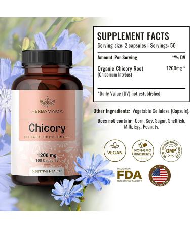 HERBAMAMA Organic Chicory Root Supplement - Digestive & Gut Health Support - Liver & Colon Function - Prebiotic Fiber - Brain & Immune Booster - Non-GMO - 100 Capsules - Buy Online on GoSupps.com