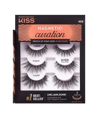 KISS Magnetic Curation False Eyelashes, 3 Pair Magnetic Lashes with 5 Double Strength Magnets, Wind Resistant, Dermatologist Tested, Last Up To 16 Hours, Reusable Up To 15 Times in 3 Styles Multipack