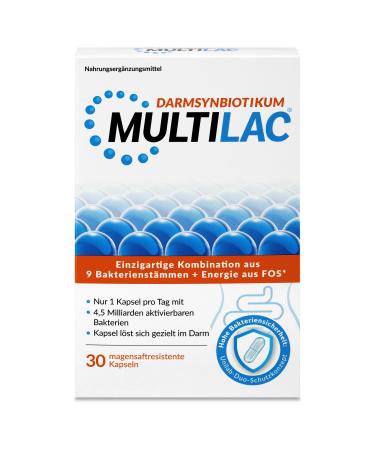 Multilac intestinal synbiotic - for the intestinal health and a strong immune system of the family 9 specially selected bacterial strains and fructoligosaccharides vegan 30 stomach resistant capsules 30 pieces (1 Pack) - Buy Online on GoSupps.com
