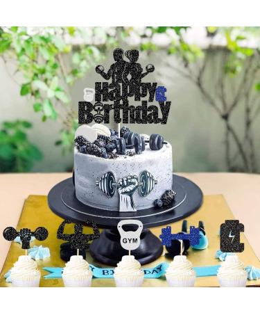 G-LOVELY'S Gym Happy Birthday Cake Toppers Glitter Fitness Themed Double Sided Cake Decorations Blue Silver Cupcake Toppers Kettlebell Dumbbell Energy Bottle Party Decor Supplies for Men Women Boys - Buy Online on GoSupps.com