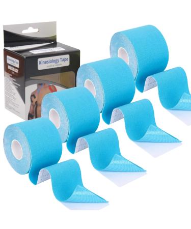 4 Roll Kinesiology Tape 5m Extra Sticky Kinesiology Tape Elastic Muscle Support Tape Waterproof Athletic Physio Muscles Strips Breathable for Exercise Sports & Injury Recovery Sky Blue