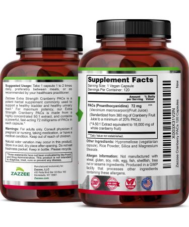 Zazzee Cranberry PACs 72 mg PACs per Capsule 2X Strength 100% Soluble 120 Vegan Capsules 50:1 Extract 18 200 mg Strength Fast-Acting Effective Urinary Tract Support Made in The USA 120 Count (Pack of 1) - Buy Online on GoSupps.com