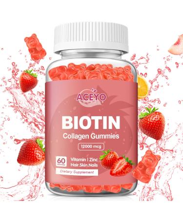 ACEYO Organic Biotin Collagen Gummies 12000mcg for Hair Growth with Zinc Women Men Skin and Nails Care Supplements Vitamins Vegan Strawberry Flavor 1 Pack