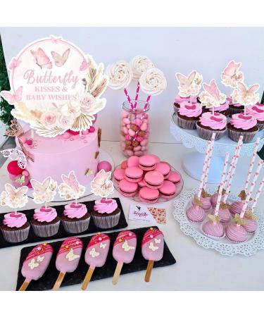 Butterfly Baby Shower Cake Topper 24 Pcs Cupcake Picks with 1 Pc Butterfly Kisses and Baby Wishes Cake Topper Girls Butterfly Themed Baby Shower Decorations - Buy Online on GoSupps.com