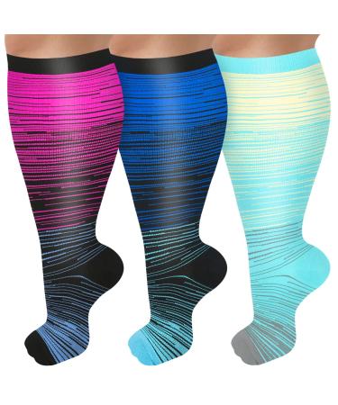 Diu Life 3 Pairs Plus Size Compression Socks for women & men Wide Calf Extra Large Knee High Stockings for nurse sports fitness. 4XL 3er-multi5