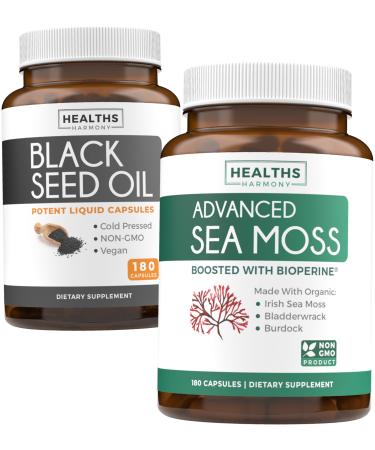 Black Seed Oil & Irish Sea Moss (3-Month Supply) - Power Duo Bundle of Black Seed Oil (180 Capsules) Cold-Pressed Nigella Sativa & Irish Sea Moss (180 Capsules) with Bioperine and Bladderwrack