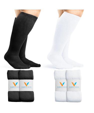 Viasox 4 Pack Assorted Non-Binding Diabetic Socks for Men & Women Large Black & White