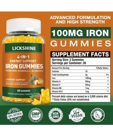2 Pack Vegan 100MG Iron Supplement Gummies for Women & Men - with Vitamin C A B for Adults & Kids - Energy Support for Iron Deficiency Anemia - Pineapple Flavor (120 Ct) 60 Count (Pack of 2) - Buy Online on GoSupps.com