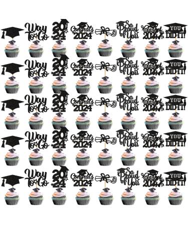 40Pcs Black Graduation Cupcake Toppers 2024 Glitter Class of 2024 Cupcake Toppers 2024 Congrats Grad Cap Diploma Cupcake Picks for Graduation Party Decorations 2024