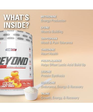 EHP Labs Beyond BCAA Powder Amino Acids Supplement for Muscle Recovery - 8g of Sugar Free BCAAs Amino Acids Post Workout Recovery Powder & 10g of EAA Amino Acids Powder - 60 Servings (Peach Candy Ring) Peach Candy Rings - Buy Online on GoSupps.com