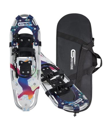 Goutone 21/27 Inches Light Weight Snowshoes for Men and Women. Fully Adjustable Ratchet Bindings Heel Lift Riser Hard Pack Grip Teeth Carrying Tote Bag COLORFUL 27(160-220lbs)