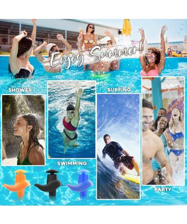 Hearprotek Swim Ear Plugs - 3 Pairs Waterproof Reusable Silicone Ear Plugs for Adults - Comfortable for Swimmers, Shower, Pool, Bath, Surfing - Blue/Black/Orange - Buy Online on GoSupps.com