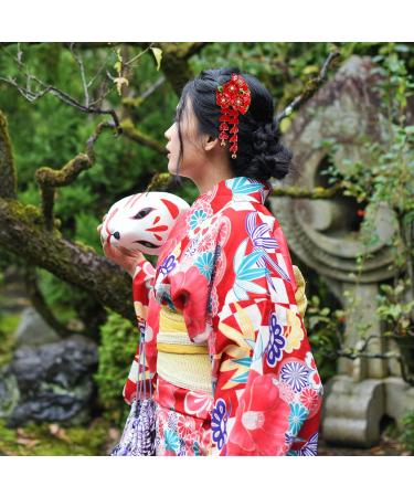 Japanese Style Cloth Hairpin Tassel Fans Shape Barrette with Bells Kimono Flower Headdress Traditional Clothes Cosplay Hair Decoration Accessory for Women Red - Buy Online on GoSupps.com