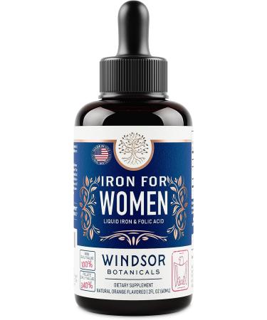 Windsor Botanicals Liquid Iron Supplement for Women - Folic Acid Vitamin C - Vegan Iron for Anemia & Pregnancy Support - Gluten-Free Non-GMO - 30 Days Supply - 2oz Orange Flavor - Buy Online on GoSupps.com
