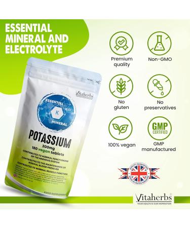 Vitaherbs Potassium Tablets - 200mg 180 Vegan Tablets - Supports Normal Blood Pressure & Nervous System - Muscle Supplement - Buy Online on GoSupps.com